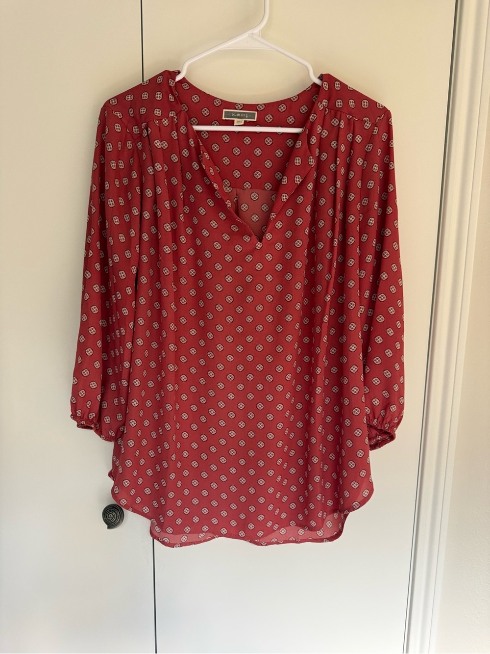 Pleione Red Geometric V-Neck Blouse